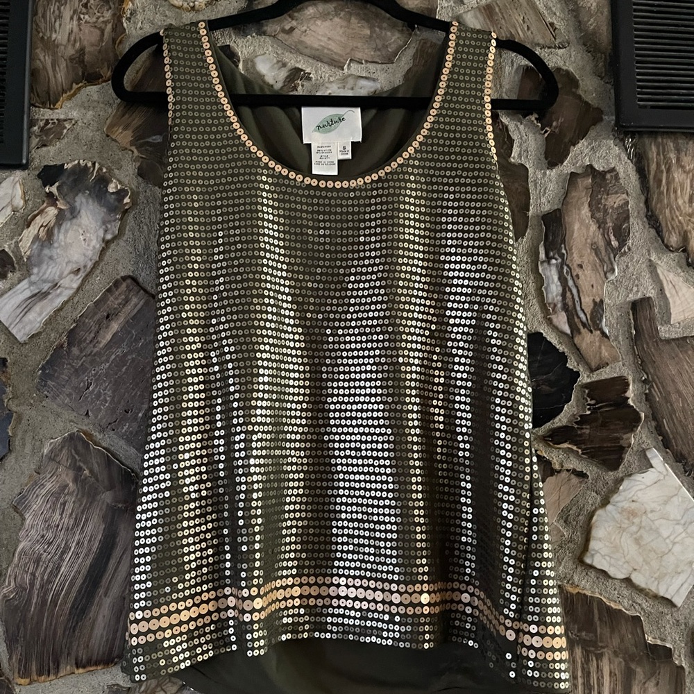 Green with gold sequence tank top size small